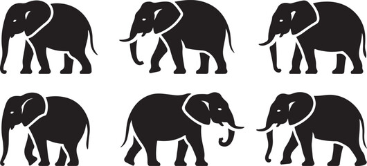 Silhouette of animals in the savannah. African landscape scene. Vector horizontal seamless tropical background with elephants, giraffes and lion. Black isolated silhouette