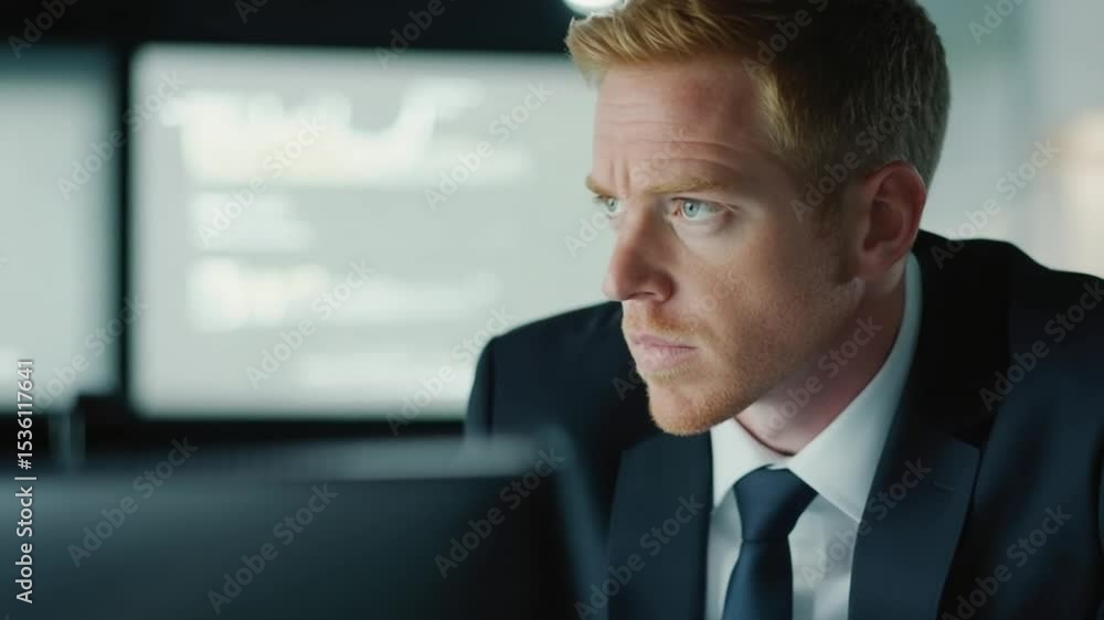 Poster focused businessman working on computer in modern office with data screens
