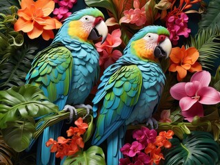 Colorful Parrots in Lush Tropical Flower Garden Scene