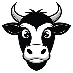 Cartoon cow face features black markings and curved horns against a white background