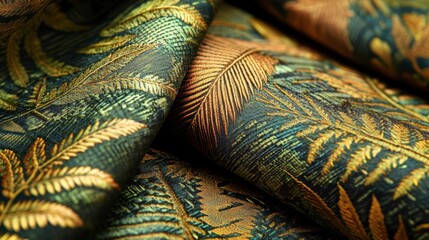 Luxurious dark green and gold fabric with tropical leaf pattern.