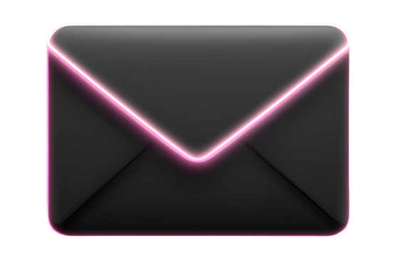 Matte Black Minimalist 3D Envelope Symbol with Soft Glow, isolated on transparent background