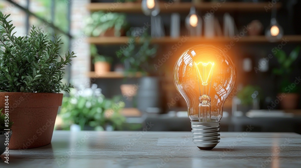 Poster illuminated lightbulb on a table in a modern cafe setting