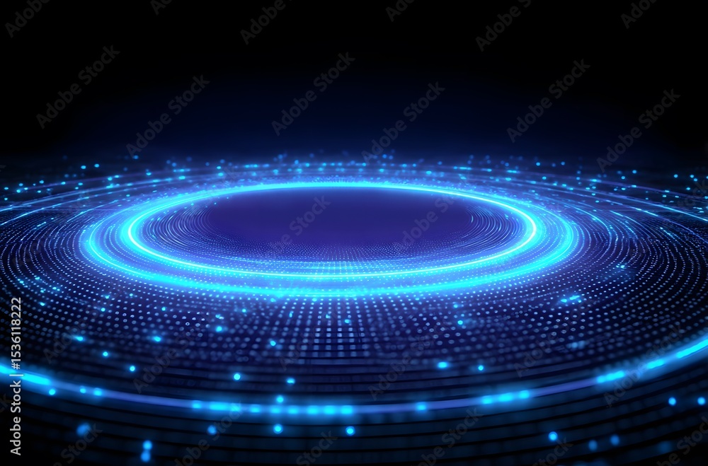 Poster concentric circles of glowing blue dots on a dark background, creating a futuristic digital effect