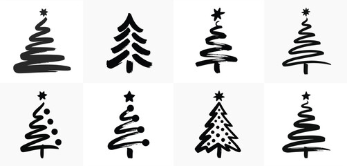 Eight Unique Black Ink Brush Stroke Christmas Trees