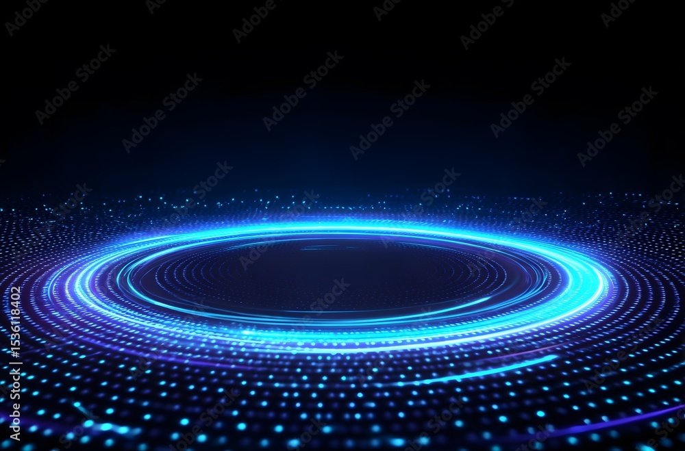 Poster glowing blue circular pattern with dot matrix on dark background