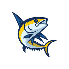  cartoon style tuna fish with blue fins icon logo