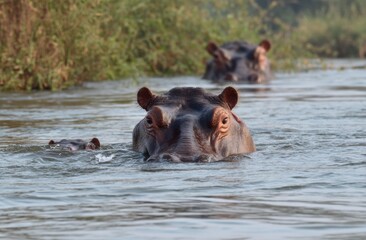 Fototapeta premium Hippopotamus Family Swimming in River Water, Illustrating Wildlife Conservation and Safari Adventure : Generative AI