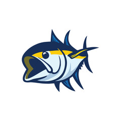  cartoon style tuna fish with blue fins icon logo