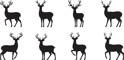 Graphic black silhouettes of wild deers – male, female and  roe deer