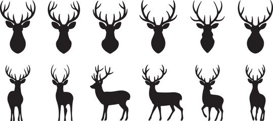 Graphic black silhouettes of wild deers – male, female and  roe deer © MdSojib