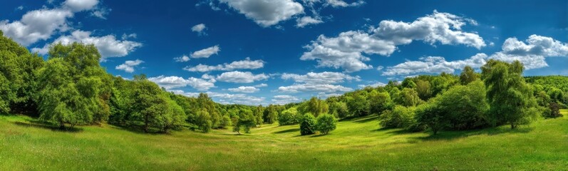 Lush Green Forest Landscape Under Blue Sky With Clouds, Showcasing Environmental Awareness and Natural Beauty for Conservation Projects : Generative AI