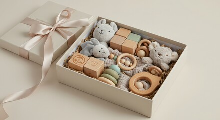 A gift box containing baby toys and wooden blocks with a ribbon on top of the box on a plain background