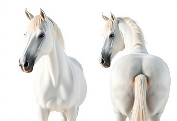 Obraz premium Majestic white Arabian horse, front and back views on isolated white background, isolated, mane