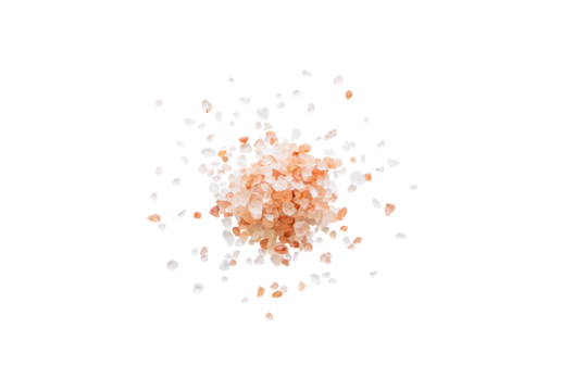 Heap of himalayan pink salt isolated on a transparent background without shadows from above, top view, png