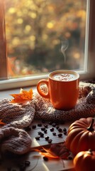 A cup of pumpkin latte on a table embraced by bright autumn leaves and decorative pumpkins. 