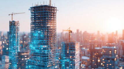 Skyline Blueprint: Modern skyscrapers under construction, set against a cityscape, showcase architectural ambition, futuristic technology, and urban development.