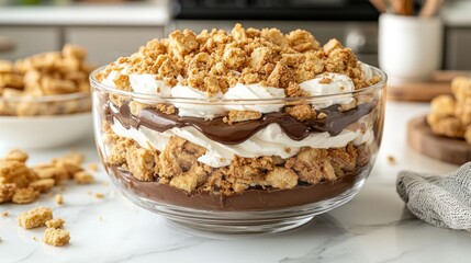 Layered dessert in glass bowl, topped with crunchy crumbs