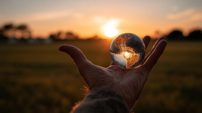 Hand Holding Glass Globe at Sunset, Representing Global Connection and Environmental Awareness for Sustainability Initiatives : Generative AI