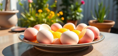 Pastel eggs arranged on a plate, sunlit backyard setting,  cheerful,  eggs