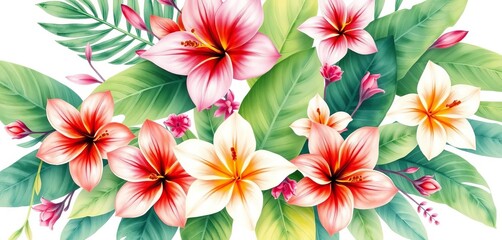 Pastel watercolor tropical flowers, lush leaves, vibrant blooms, elegant design,  digital,  aesthetic