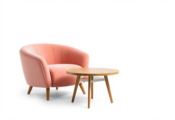 Plush armchair & round coffee table, isolated on white, living room, reading