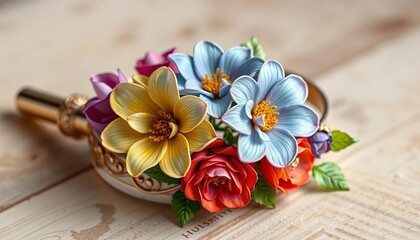 Princess pen bangle with bouquet of three painted flowers, gift, white