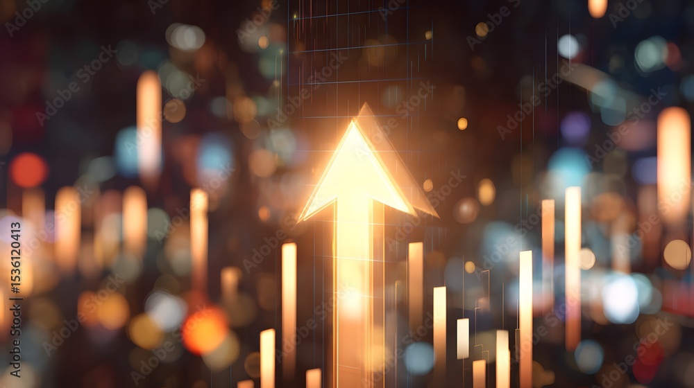 Poster illuminated arrow rising above bar graphs against a bokeh background