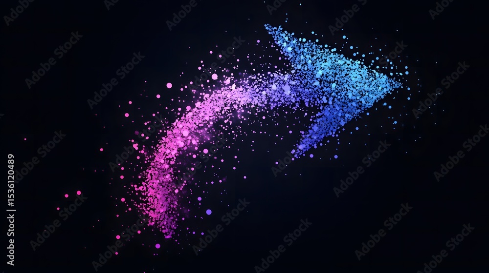 Poster dynamic arrow shaped by colorful particles on dark background