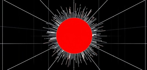 Red circle bursting through white gridlines on black background, revolution, modern