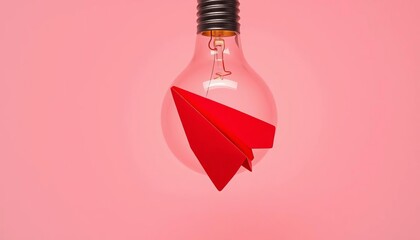 Red paper airplane inside illuminated light bulb, white background, design, studio