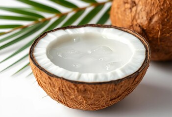 Refreshing coconut water in a halved coconut, isolated on white,   delicious,  fruit
