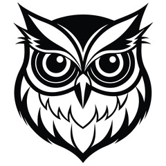 A striking monochrome owl head looks forward with intense, stylized feather patterns outlining it
