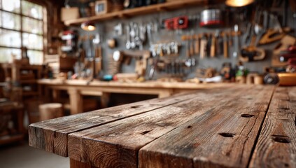 Rustic Wooden Workbench in Workshop With Tools, Showcasing Craftsmanship and Home Improvement Projects, Ideal for DIY Enthusiasts : Generative AI