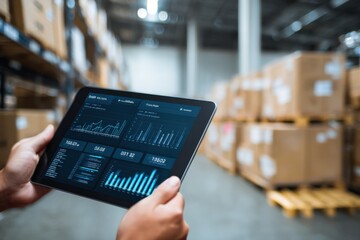 Hands Holding Tablet Displaying Data Analytics in a Warehouse, Illustrating Supply Chain Management and Digital Transformation for Business Intelligence : Generative AI