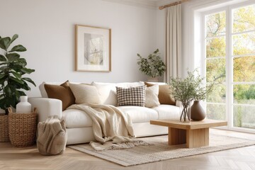 Bright Living Room with White Sofa and Autumn View, Showcasing Home Decor and Interior Design Trends for Real Estate Marketing : Generative AI