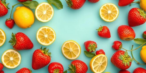 Seamless pattern of bright strawberries and lemons on a flat background,  fruit pattern,  vibrant