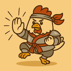A heroic cartoon chicken blocks an invisible attack with its wing, dressed in silver kung fu armor and a red scarf. Its bold and cute style emphasizes strength and charm.