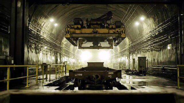 Yellow Overhead Crane Lifting a Cart on Rails in an Industrial Tunnel with Bright Lighting