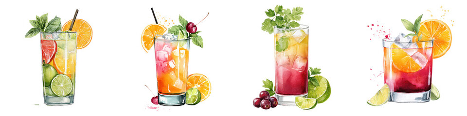 Assortment of refreshing cocktail drinks with citrus and fruit garnishes