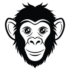 Black silhouette depicts a stylized smiling chimpanzee face featuring big eyes and large ears
