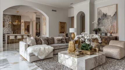 Luxury living room interior with classic fireplace, elegant furniture, and sophisticated decor