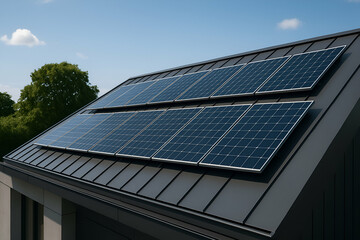 Obraz premium Solar Panels on Roof: Photorealistic view of solar panels on a house roof, capturing the essence of modern sustainable living and environmentally conscious design.