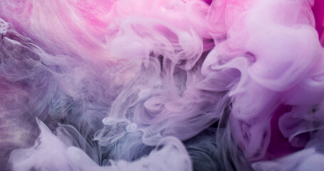 Smoke splash. Steam flow. Pink white pigment haze dissolve in water. Art abstract curl ink blend color defocused background texture.