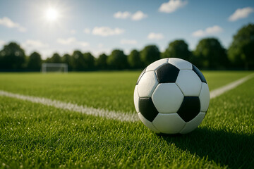 Fototapeta premium Soccer Ball on Green Field: The iconic soccer ball rests gracefully on the verdant field, poised for the next exhilarating moment in this dynamic sport.