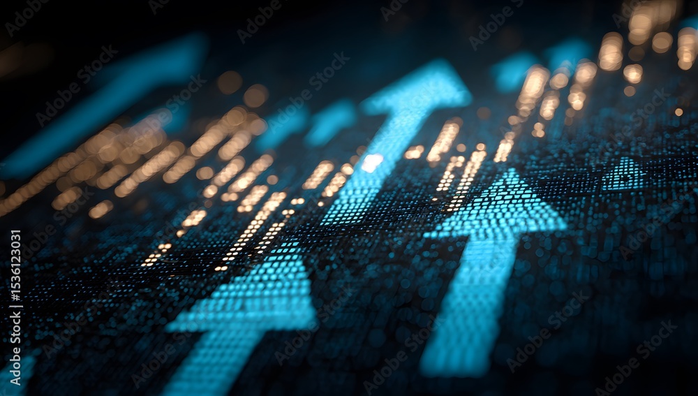 Poster digital arrows pointing upward on a pixelated background