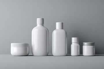 Variety of White Cosmetic Bottles and Jars on Gray Backdrop, Ideal for Product Mockups and Beauty Industry Branding, Displaying Cleanliness and Simplicity : Generative AI