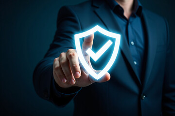 Businessman Touching a Glowing Shield Icon Representing Security and Protection