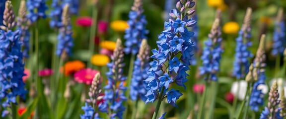 Tall blue delphinium in full bloom in a garden, tall delphinium, flora