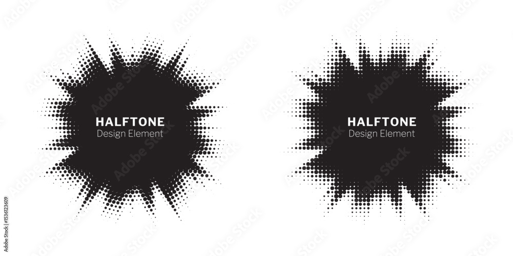 Aufkleber Halftone circle frame background set. Round border Icon using halftone random circle. Grunge circular stain. Vector illustration.